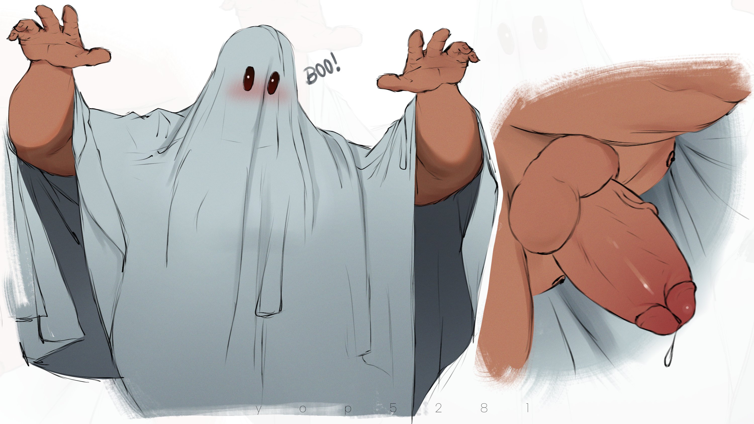 balls, bara, big balls, big penis, costume, erection, ghost, ghost boy, halloween, halloween costume, holidays, male, male nipples, male only, manly, muscular, muscular male, nipples, nude, penis, precum, yaoi, yop5281