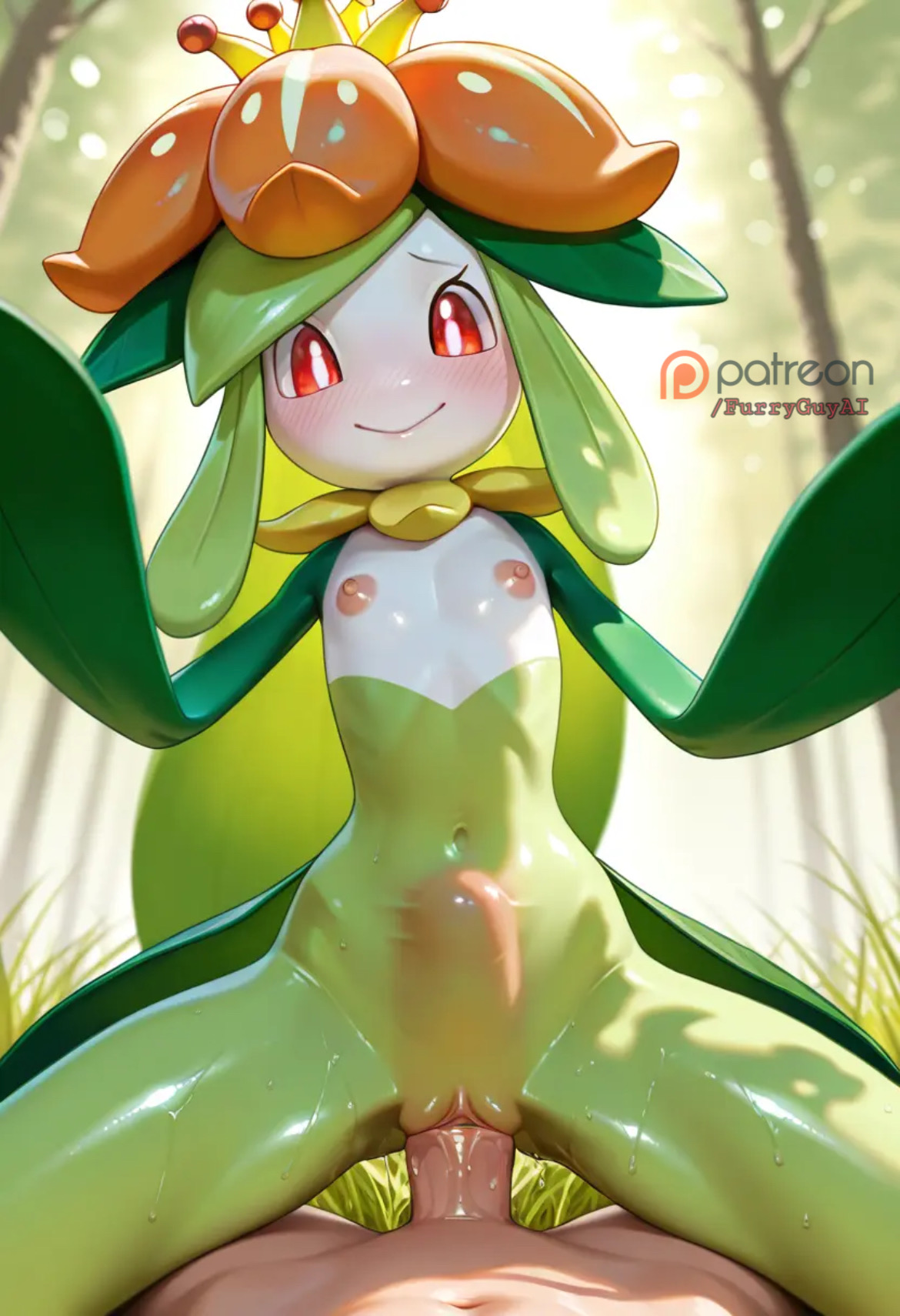 ai, ai assisted, ai generated, anthro, athletic female, cowgirl position, cum, female, female penetrated, flat chest, furry, furryguyai, human, human penetrating, leaf, light-skinned male, lilligant, male, outdoors, outside, penis, plant, plant girl, pokémon (species), pokemon, pokemon (species), pokephilia, red eyes, riding penis, smile, stomach bulge, translucent, vaginal, vaginal insertion, vaginal penetration, vaginal sex