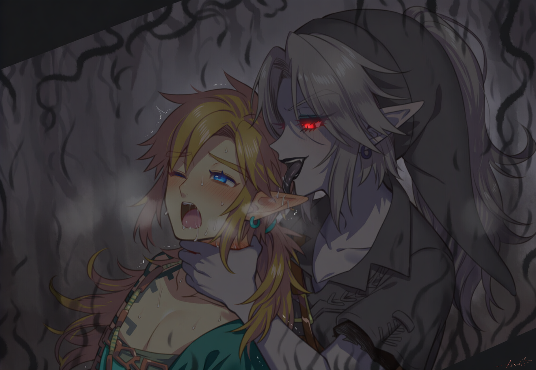 1boy1girl, ai art, ai generated, almond eyes, aroused, bare thighs, black nails, black sclera, black skin, black tongue, blood, blue eyes, blush, choking, corrupted, corruption, crossdressing, dark aura, dark link, dark skin, drooling, ear licking, earrings, female, female on femboy, femboy, femboysub, femdom, feminine male, feminization, flushed, girly, glowing eyes, golden hair, halloween, hand around neck, hand around waist, hand on neck, horror, hylian, hylian ears, link, link (breath of the wild), link (tears of the kingdom), long hair, long nails, luxica, male, malesub, moaning, neck grab, nintendo, novelai, one eye closed, open mouth, opened mouth, phrygian cap, pleasure face, pleasured, red eyes, selfcest, tattoo, the legend of zelda, trap, tunic, twink, uncensored, white hair