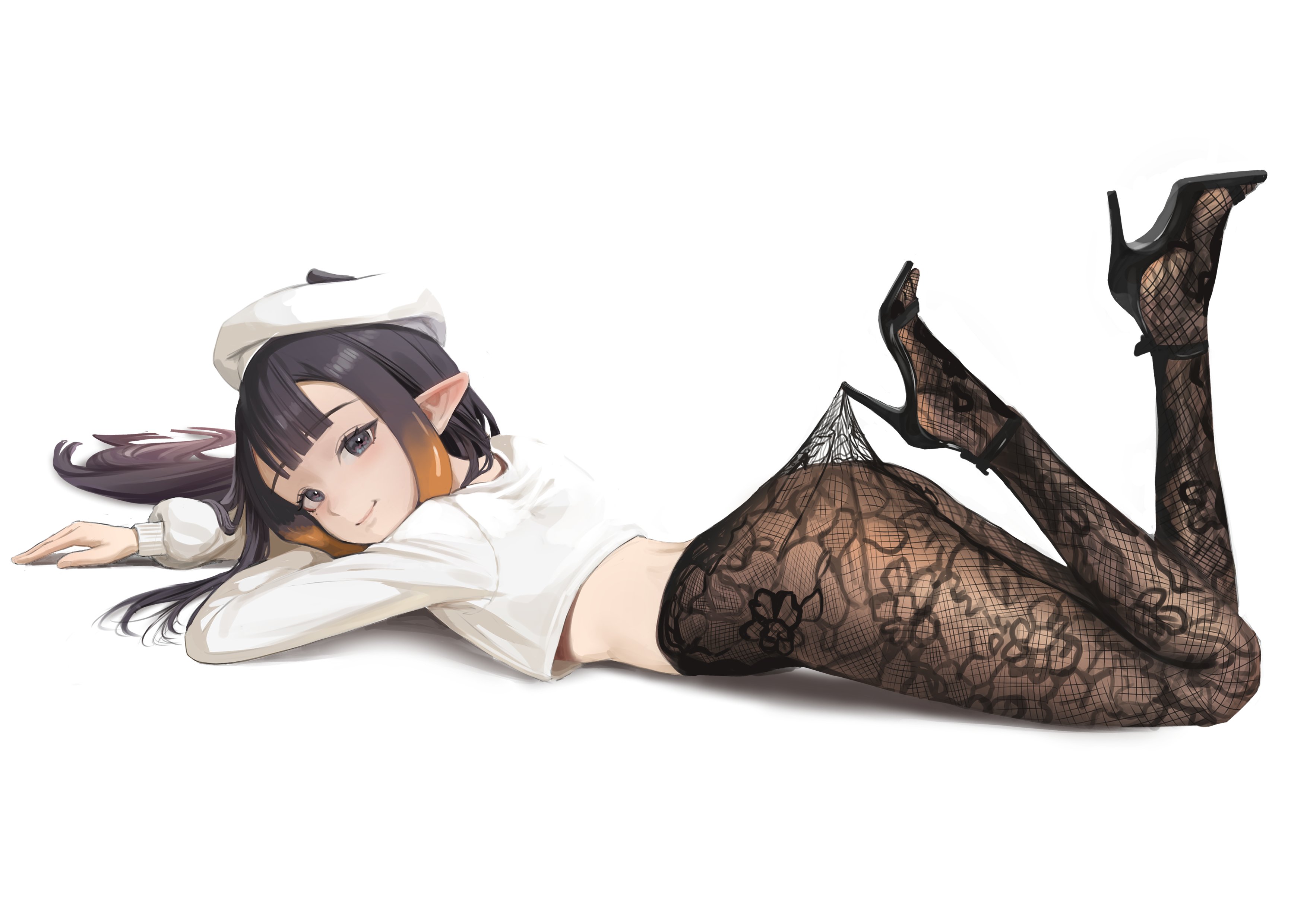 absurdres, alternate costume, ass, beret, black shoes, blue eyes, blunt bangs, commentary, crop top, english commentary, female, from side, gradient hair, hair spread out, hat, head rest, high heels, highres, hololive, hololive english, hololive myth, lace pantyhose, lace pantyhose hooked on heel (meme), long hair, long sleeves, looking at viewer, lying, meme, mole, mole under eye, multicolored hair, ninomae ina'nis, on stomach, orange hair, pantyhose, pointy ears, purple hair, shirt, shoes, smile, solo, strappy heels, tanukidraws, tentacle, tentacle hair, virtual youtuber, white background, white hat, white shirt