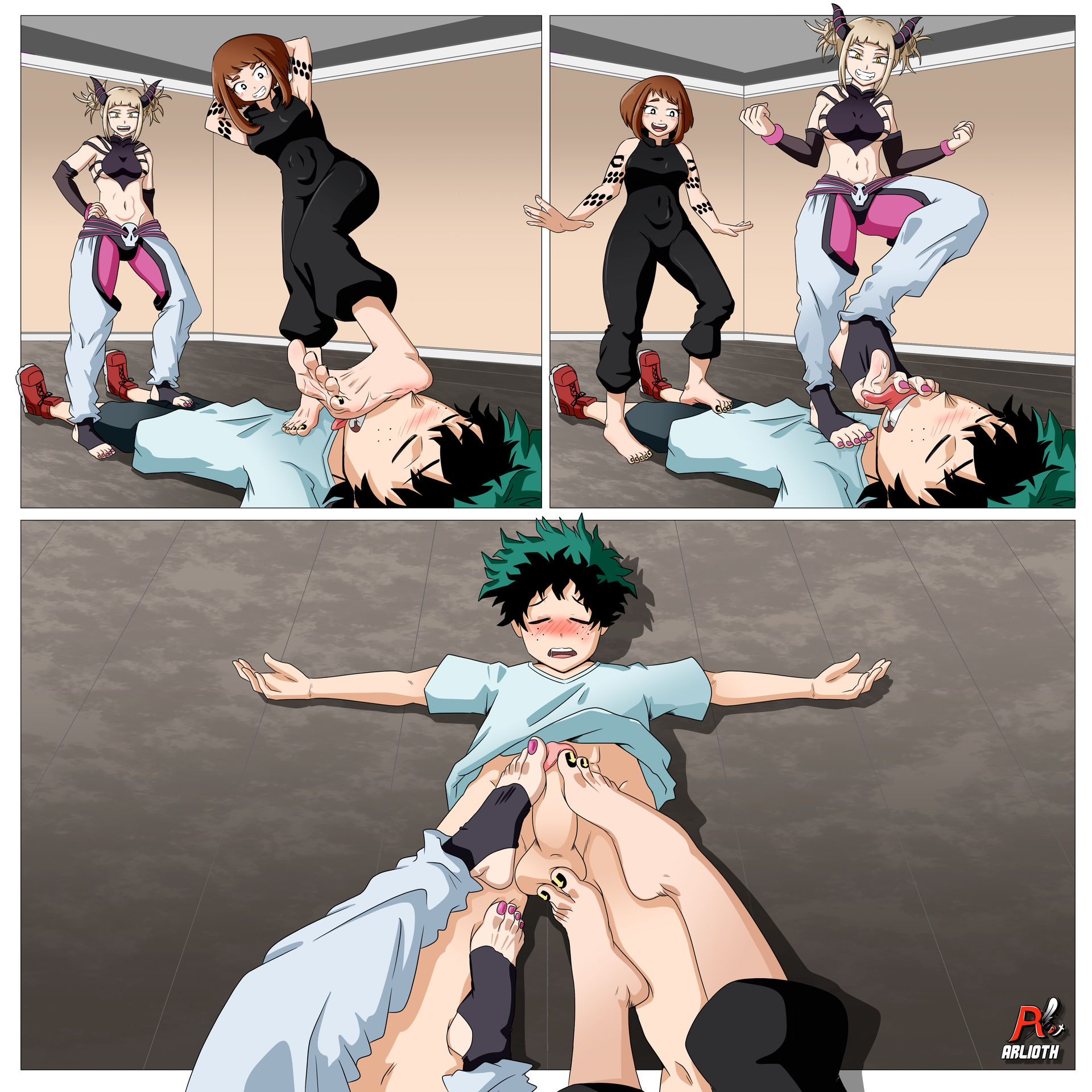 1boy, 2girls, arlioth, asserting dominance, assertive, assertive female, bad end, bad girl, barefoot, blonde female, blonde hair, blush, boku no hero academia, brown hair, brown-haired female, bullying, comic, comic page, comic panel, cooperative footjob, corrupted, corruption, defeat, defeated, defeated hero, defeated male, deku, denki anma, dominant female, dubious consent, embarrassed, feet, female, female pervert, female pov, femdom, ffm threesome, foot domination, foot fetish, footjob, footjob over clothes, footjob pov, footjob with legwear, forced footjob, green hair, green-haired male, halloween, himiko toga, humiliation, izuku midoriya, juri han, juri han (cosplay), male, medusa gorgon, medusa gorgon (cosplay), midoriya izuku, my hero academia, nail polish, ochako uraraka, on back, painted toenails, penis, possessed, possession, soul eater, standing, standing footjob, stepped on, stepping on penis, street fighter, submissive male, teamwork, threesome, toes, toga himiko, trample, trampling, uraraka ochaco, uraraka ochako, uravity, villainess, villainess on hero, weak, weak male, witch