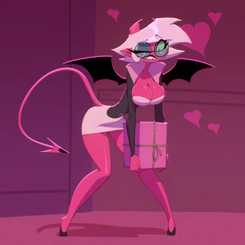 1girls, asmodeus' assistant, bare legs, bare thighs, big breasts, bigdad, breasts, clothed, clothing, color, demon, demon girl, female, female focus, female only, helluva boss, hi res, large breasts, pink body, pink skin, short hair, solo, solo female, sparkles j, succubus, succubus horns, succubus tail, succubus wings, tagme, thick thighs, white hair
