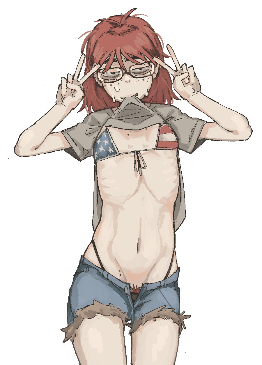 1girls, american flag bikini, american nerd girl (baalbuddy), bikini, breasts, double peace sign, female, female only, flat chest, glasses, jimiko, light skin, nerd, nerd glasses, nerdy female, nobloo, original, pubic hair, pubic hair peek, shirt lift, shirt lift via mouth, shirt lifted by self, small breasts