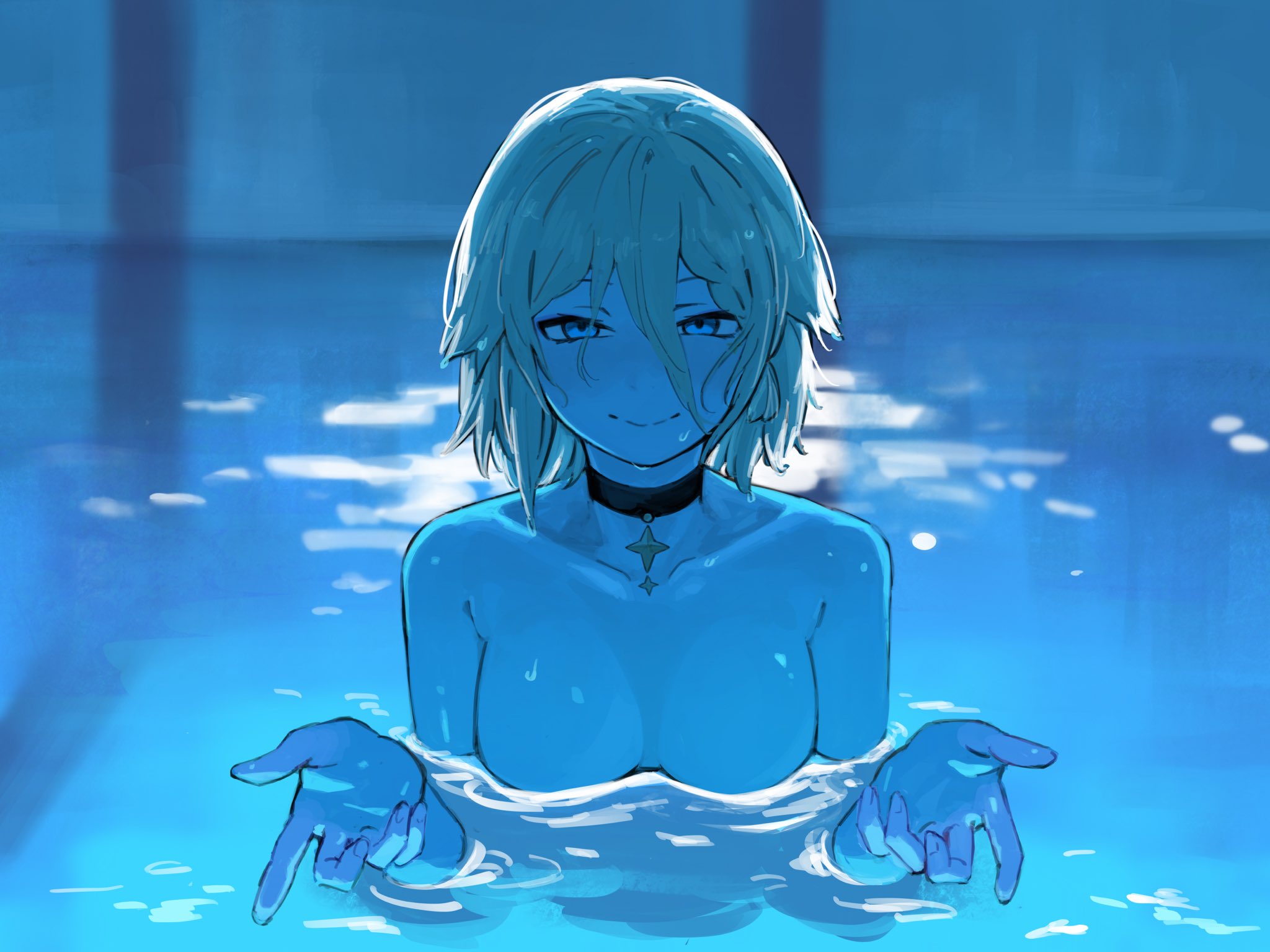 black choker, blonde hair, blue eyes, breasts, choker, denied art, female, highres, i'll teach you everything (chainsaw man), kaneko lumi, nude, partially submerged, phase connect, phase invaders, pool, reze in the pool (meme), scene reference, skinny dipping, virtual youtuber, vtuber, water, wet, wet hair