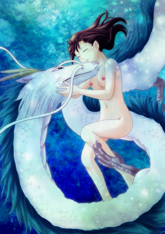 1girls artist_request breasts brown_hair chihiro_ogino dragon female haku_(spirited_away) human light-skinned_female light_skin nipples nude short_hair spirited_away studio_ghibli tagme