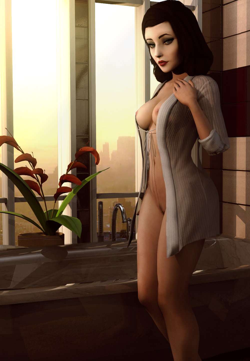 1girls 3d 3d_(artwork) bioshock bioshock_infinite blue_eyes burial_at_sea busty curvaceous curvy elizabeth_comstock eyelashes female female_focus female_only hourglass_figure lipstick makeup pinup pose posing red_lipstick solo themadarchitect voluptuous wide_hips