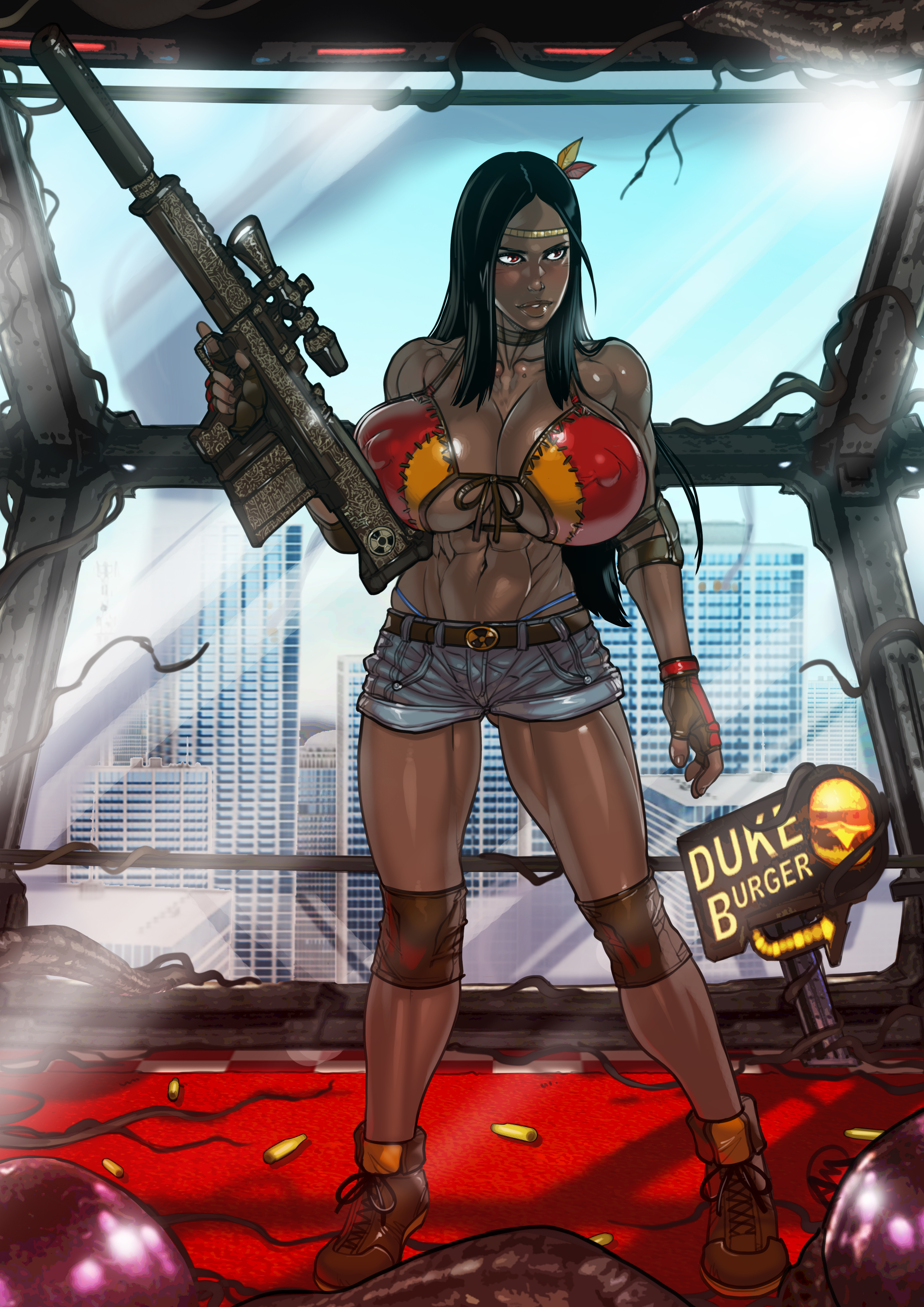1girls, abs, absurd res, armwear, belt, big breasts, breasts, cleavage, dark skin, dark-skinned female, duke nukem (series), female, female only, firearm, footwear, full body, ganassa, gun, highres, huge breasts, human, legwear, muscular, muscular female, native american, neckwear, nipple bulge, rifle, short shorts, sniper rifle, solo, suppressor, weapon, wristwear