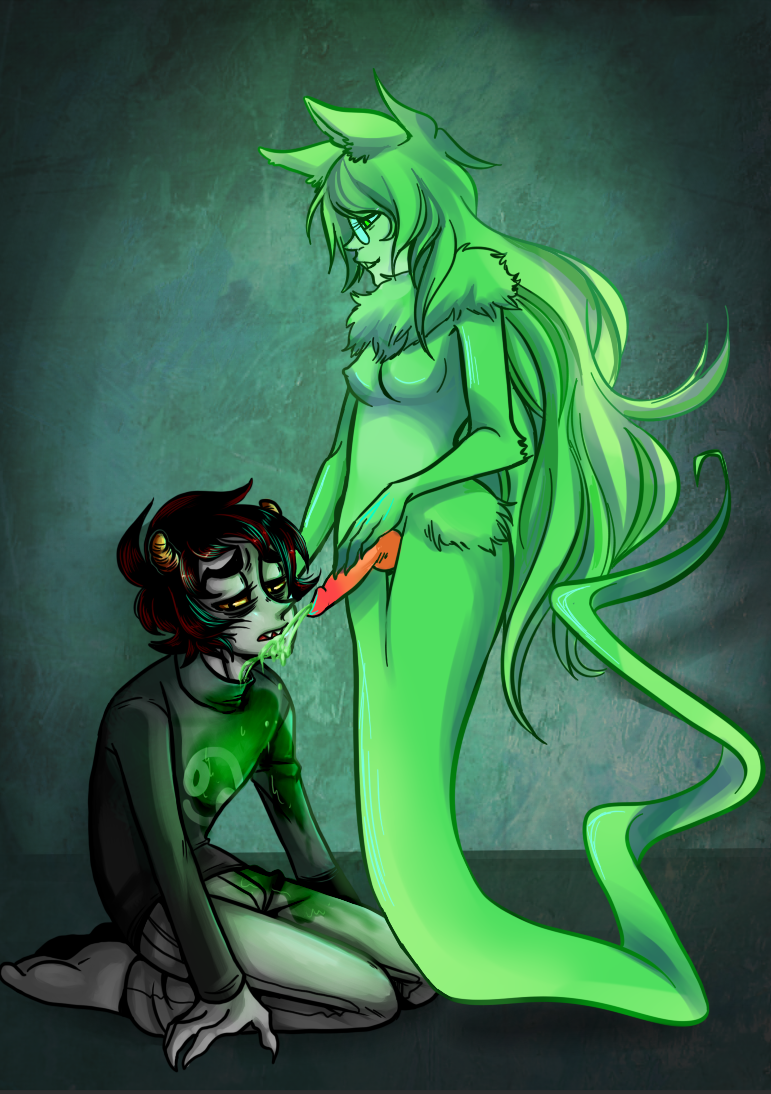 1boy 1futa anthro black_hair breasts canine clothing cum dog_ears embarrassed femdom fur furry futanari glasses glowing green_eyes green_fur green_hair grey_skin homestuck horns jadesprite karkat_vantas long_hair ms_paint_adventures naked no_nipples penis short_hair sprite straight troll yellow_eyes