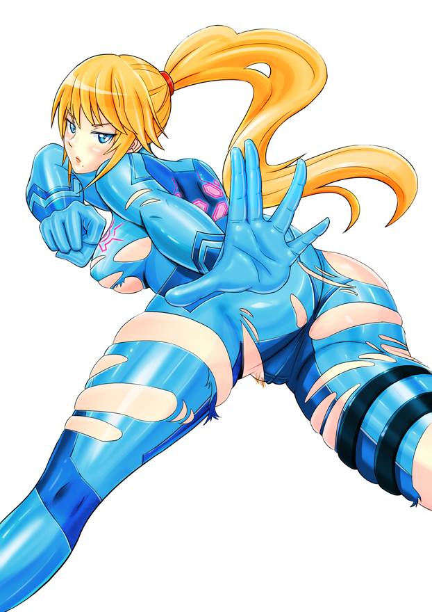 ass clenched_hand dat_ass female female_only from_behind human jeibii metroid nintendo samus_aran solo torn_clothes zero_suit zero_suit_samus