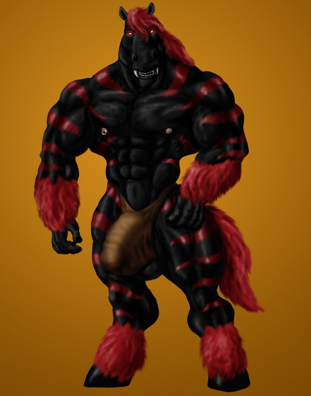 abs balls biceps big bulge demon equine evil fangs glowing_eyes hair horse loincloth looking_at_viewer male male_only muscles nipple_piercing nipples pecs piercing plain_background red_eyes red_hair solo sudonym