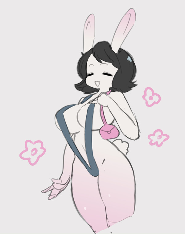 :3 banana_hammock black_hair breasts closed_eyes cute elinor_wonders_why female krid_(artist) lagomorph mankini rabbit skimpy slingshot_bikini smile solo solo_female