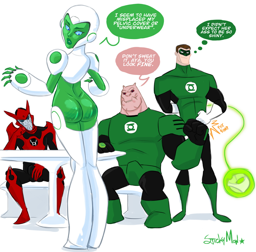 aya_(green_lantern) blue_eyes dc female green_lantern green_lantern:_the_animated_series green_lantern_corps green_skin hal_jordan kilowog razer_(green_lantern) red_lantern red_lantern_corps robot robot_girl ship stickymon