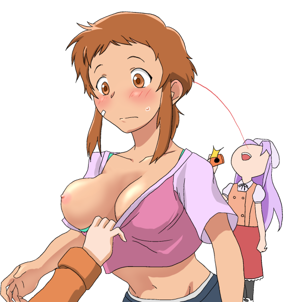 3girls accidental_circumstance accidental_exposure accidental_pervert amano_yukiteru artist_request belly blush blush_lines blushed blushing breast brown_eyes brown_hair collarbone exposed_breast female_only hino_hinata mirai_nikki multiple_girls navel nipples nonosaka_mao nosebleed one_breast_out purple_hair