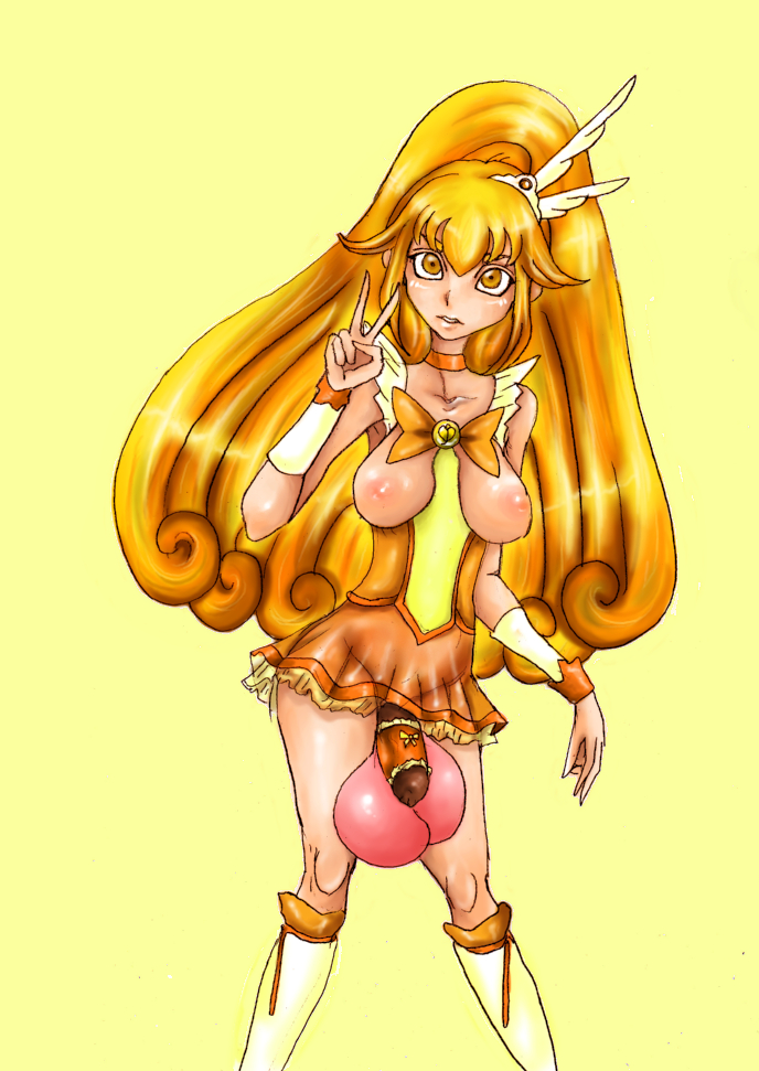 balls_bigger_than_penis big_balls big_balls_small_penis blonde_hair brita clothing exposed_breasts futanari pretty_cure small_breasts small_penis smile_precure solo suria_(artist) tagme v yayoi_kise yellow_background yellow_theme