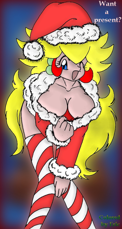 alternate_breast_size bent_over christmas clothes color empty_(artist) female female_only front_view hair human long_hair mario_(series) nintendo princess_peach santa_hat solo tagme