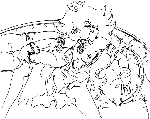 breasts clothes crown ear_piercing empty_(artist) female female_only front_view mario_(series) monochrome nintendo nipples one_breast_out piercing princess_peach sitting solo tagme vulva