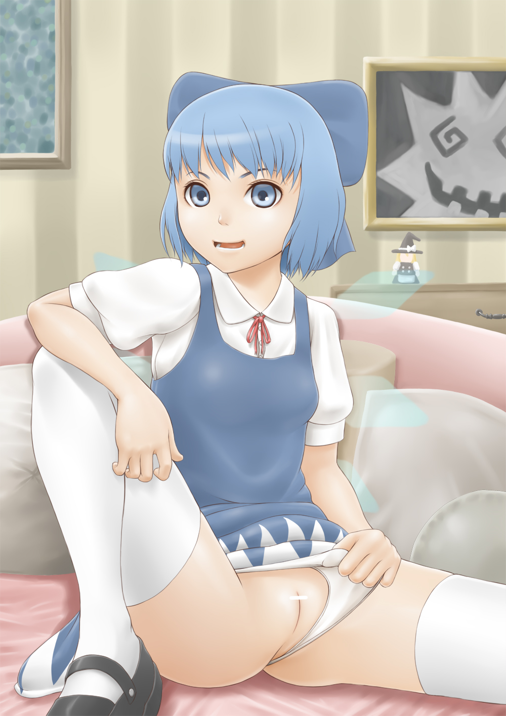 blue_eyes blue_hair bow censored cirno danieru dress hairbow highres ice ice_wings mary_janes panties panties_aside pussy shoes short_hair showing_off sitting smile spread_legs thighhighs touhou underwear white_legwear wings