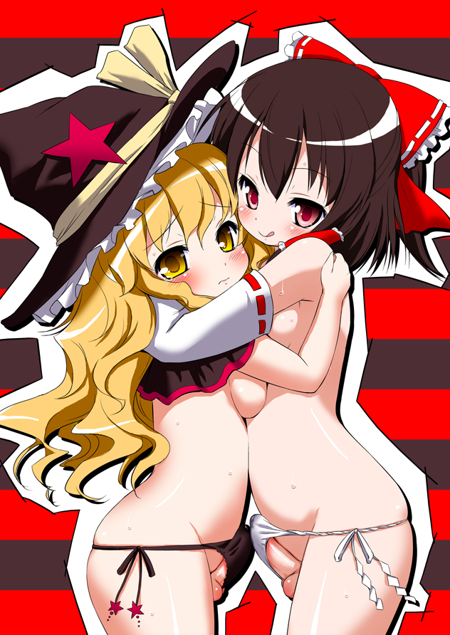 2girls :q blonde_hair blush bow breasts brown_hair capelet full-package_futanari fundoshi futanari hairbow hat hug human intersex long_hair looking_at_viewer marisa_kirisame multiple_girls muu_rian panties penis red_eyes reimu_hakurei short_hair side-tie_panties star striped striped_background testicles tongue touhou underwear witch_hat