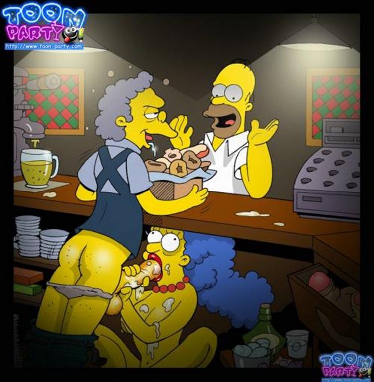 ass behind_the_counter breasts color fellatio female food homer_simpson human indoors insertion male marge_simpson moe's_tavern moe_szyslak multiple_males netorare nipples nude oral penis stealth_fellatio stealth_sex straight testicles the_simpsons toon-party under_the_table