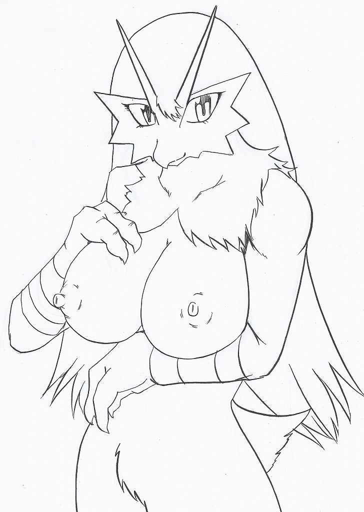 blaziken breasts female female_only front_view monochrome nipples nude pokemon pokemon_(species) solo sya tagme