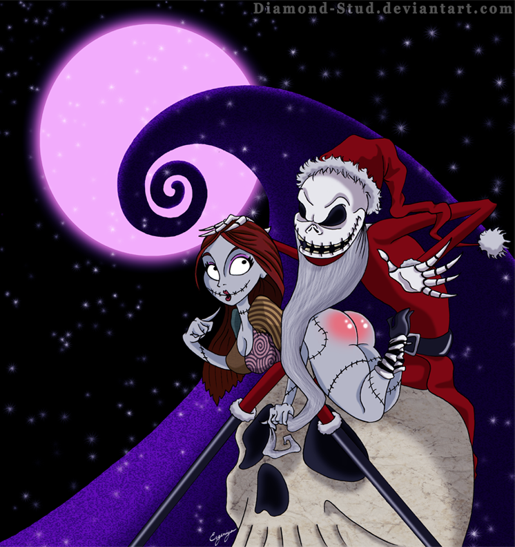 1boy1girl christmas diamond-stud fake_beard foreplay full_moon halloween hand_on_head happy_couple jack_skellington left_handed looking_back nightmare_before_christmas no_panties over_the_knee_spanking purple_moon_(object) red_ass red_hair sally_(the_nightmare_before_christmas) santa_claus_(cosplay) santa_costume santa_hat skeleton skull spanking stars striped_socks zombie_girl