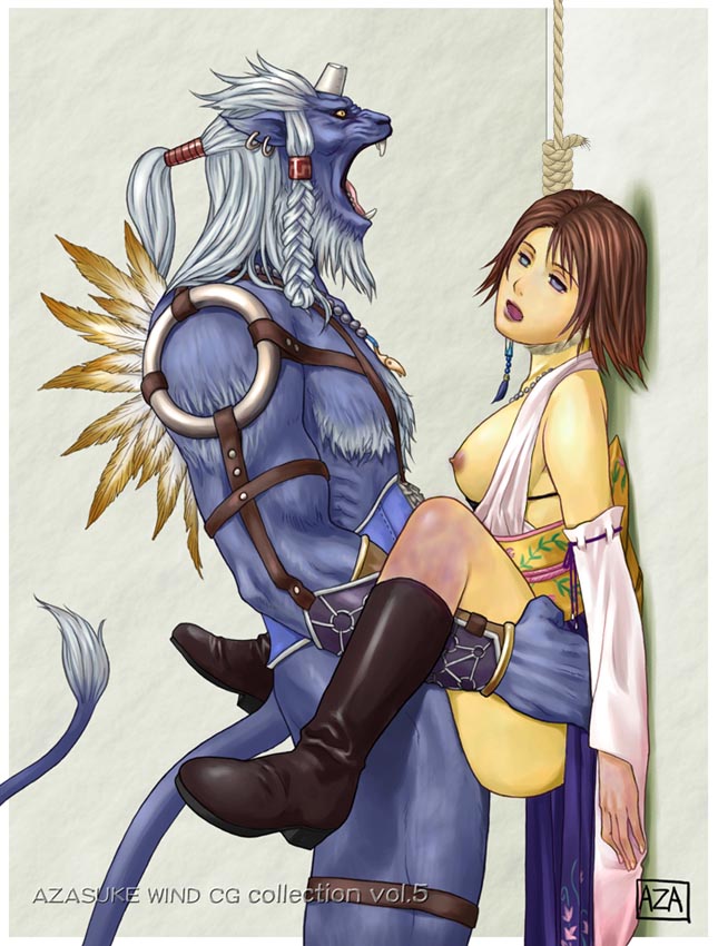 1boy 1girls ahe_gao asphyxiation ass azasuke boots breasts brown_hair clothed_sex corpse dead death empty_eyes facial female female_death final_fantasy final_fantasy_x fucked_silly fur furry guro hanged highres jewelry kimahri male medium_breasts monster muscular muscular_male necrophilia nipples noose sex short_hair tongue_out yuna