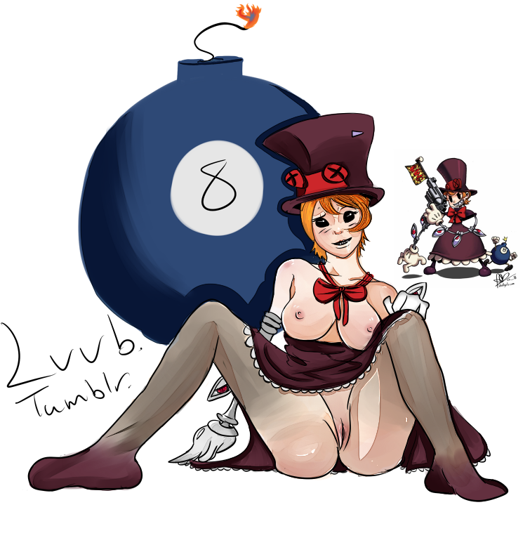 1girls aged_up artist_signature black_bead_eyes bomb bowtie breasts_out daydreamingdemon functionally_nude looking_at_viewer mechanical_arms peacock_(skullgirls) pussy redhead reference_image sitting skullgirls smiling top_hat upskirt video_games