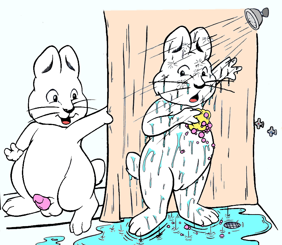 1boy 1boy1girl 1girls anthro balls betweenthelions duo erection female furry male max_(max_and_ruby) max_and_ruby nude penis rabbit ruby_(max_and_ruby) shower soap surprised wet