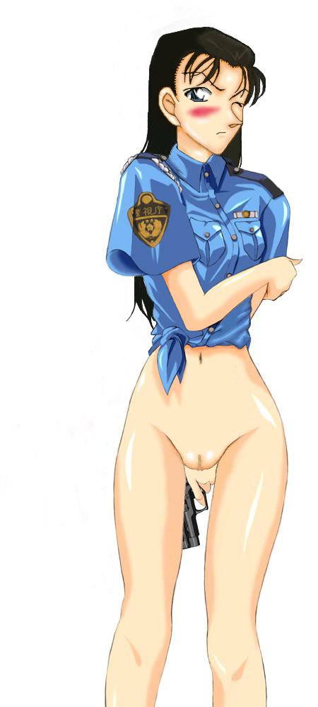 1girls artist_request blush bottomless breasts brown_hair censored cowboy_shot detective_conan female gun human large_breasts long_hair pale-skinned_female pale_skin policewoman pussy solo tagme uniform weapon white_background wide_hips yumi_miyamoto