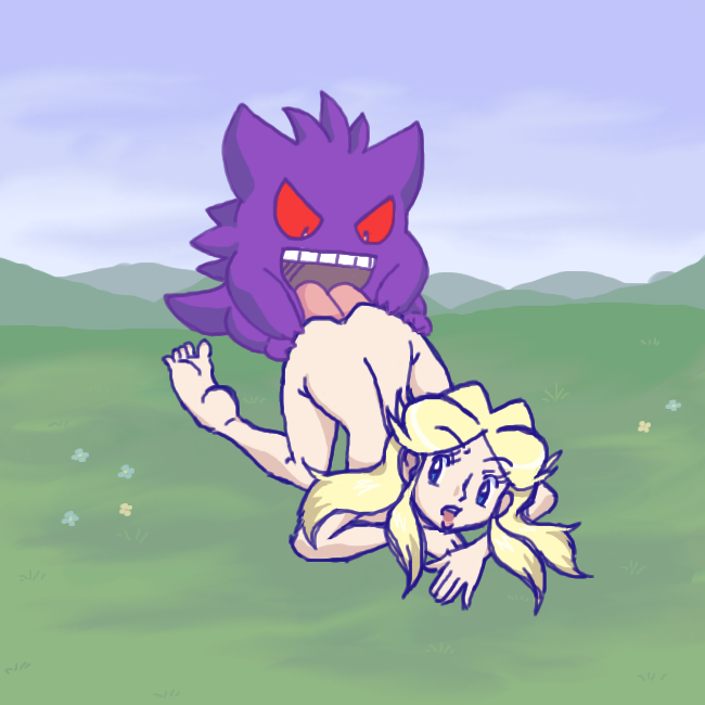 1boy 1girls all_fours allie_(pokemon_ecchi) color cunnilingus day female feral front_view fur gengar ghost hinoarashi licking nude oral outdoors pokemon pokemon_ecchi pokephilia