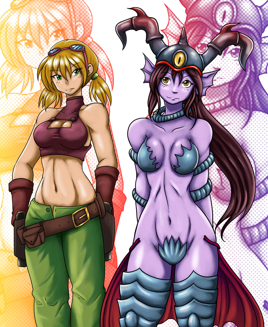 2girls alien_girl blonde_hair clothed female midriff psyme purple_skin sageofotherworlds scarlet short_pigtails sigma_star_saga tied_hair