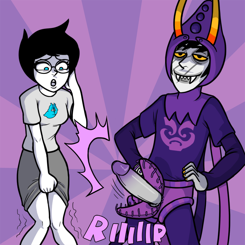 1boy 1girls black_hair blue_eyes clothing facepaint gamzee_makara glasses grey_skin homestuck horns jane_crocker ms_paint_adventures penis purple_background scar shamefuldisplay sharp_teeth shocked short_hair smile straight text troll wardrobe_malfunction webcomic white_skin yellow_eyes yellow_nails