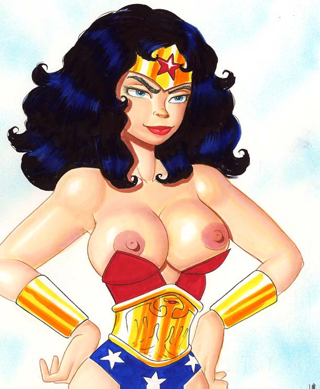 barry_blair black_hair blue_eyes breasts dc_comics female justice_league naughty_face nipples posing wonder_woman wonder_woman_(series)