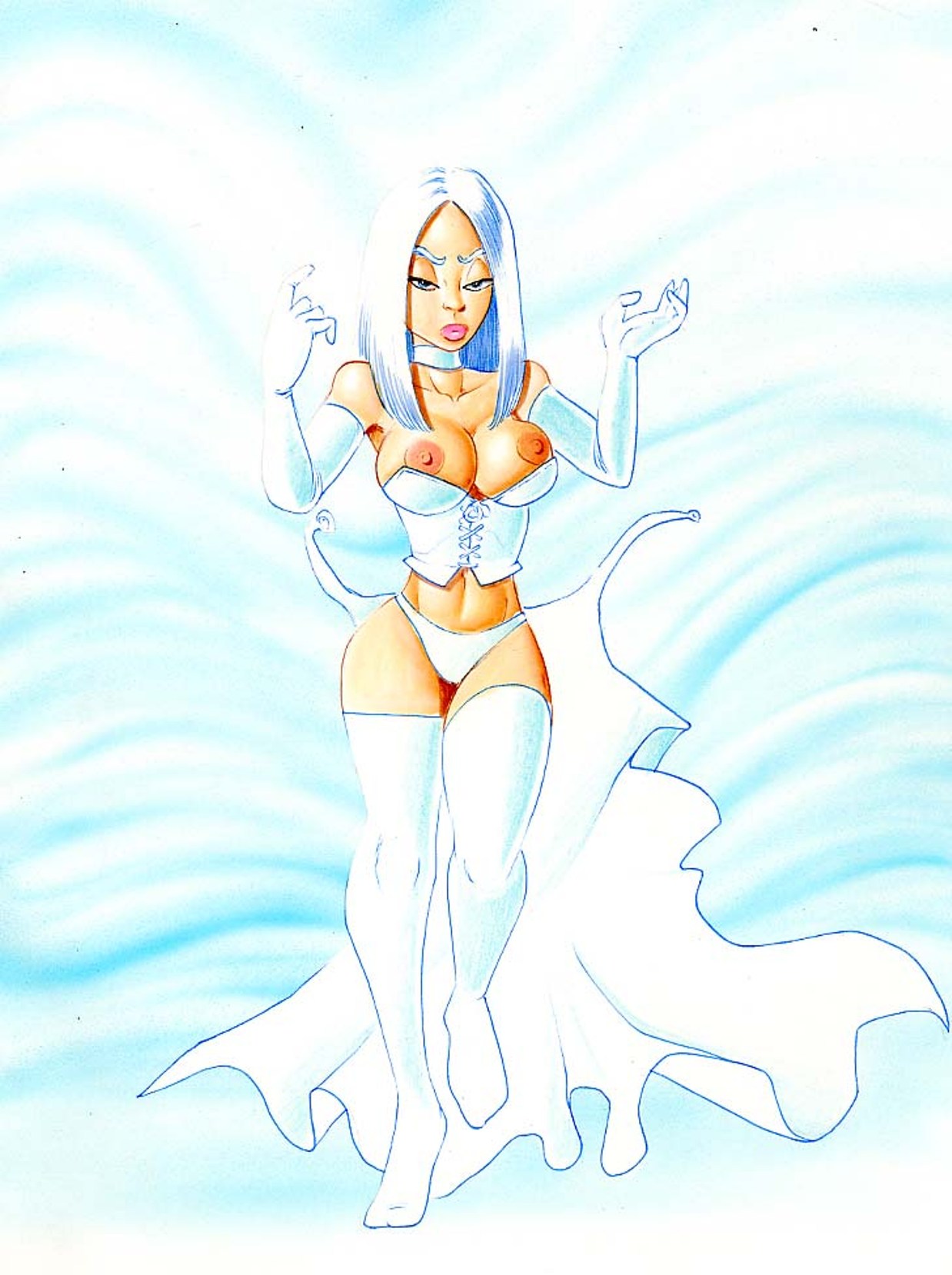 barry_blair breasts emma_frost erect_nipples female grey_eyes large_breasts long_hair marvel navel nipples panties solo standing topless white_hair white_queen x-men