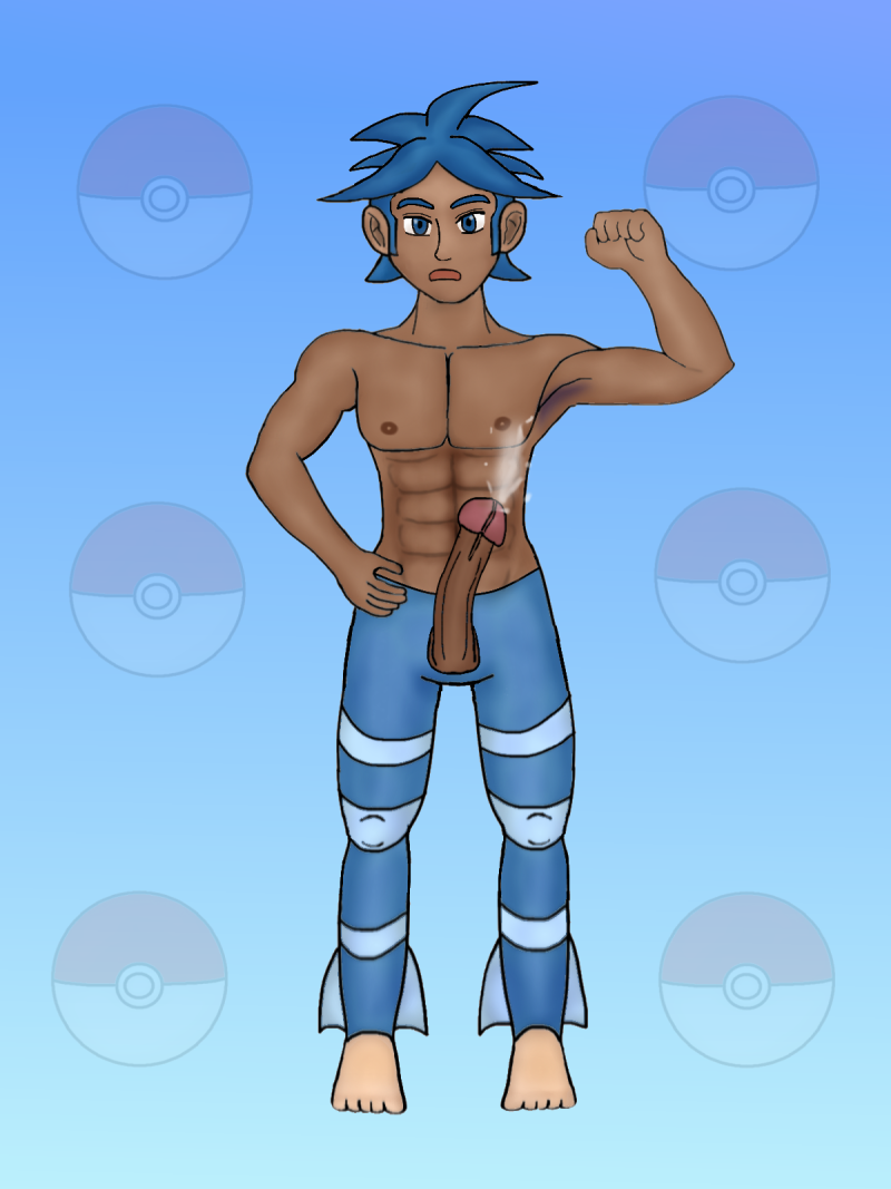 abs armpit_hair blue_hair clothes color human male male_only marlon_(pokemon) nude penis pokemon solo standing tagme testicles topless