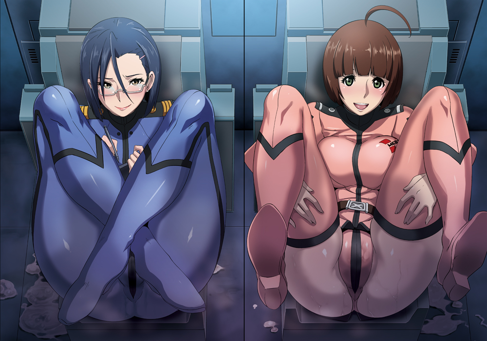 2010s 2girls :d ahoge belt blue_hair blush bodysuit boots breasts brown_eyes brown_hair butcha-u chair crossed_legs cum eroquis female folded glasses green_eyes high_heels human kaoru_niimi large_breasts legs_crossed light-skinned_female light_skin makoto_harada multiple_girls open_mouth presenting pussy_juice semi-rimless_glasses short_hair sitting skirt smile space_battleship_yamato space_battleship_yamato_2199 spread_legs thigh_boots thighhighs under-rim_glasses uniform