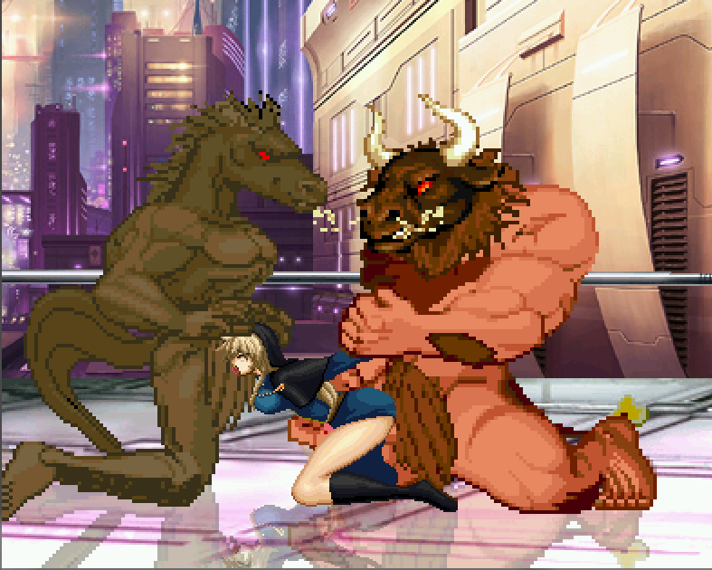 1girls 2boys defeated doggy_style gangbang gangrape goeniko king_of_fighters leopold_goenitz m.u.g.e.n minotaur pixel_art rape rule_63 sex