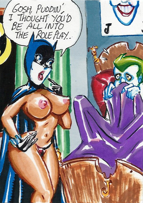 batgirl_(cosplay) batman_(series) cosplay curvy dc dialogue female harley_quinn human joe_gravel joker large_breasts male nipples sketch_card speech_bubble straight text