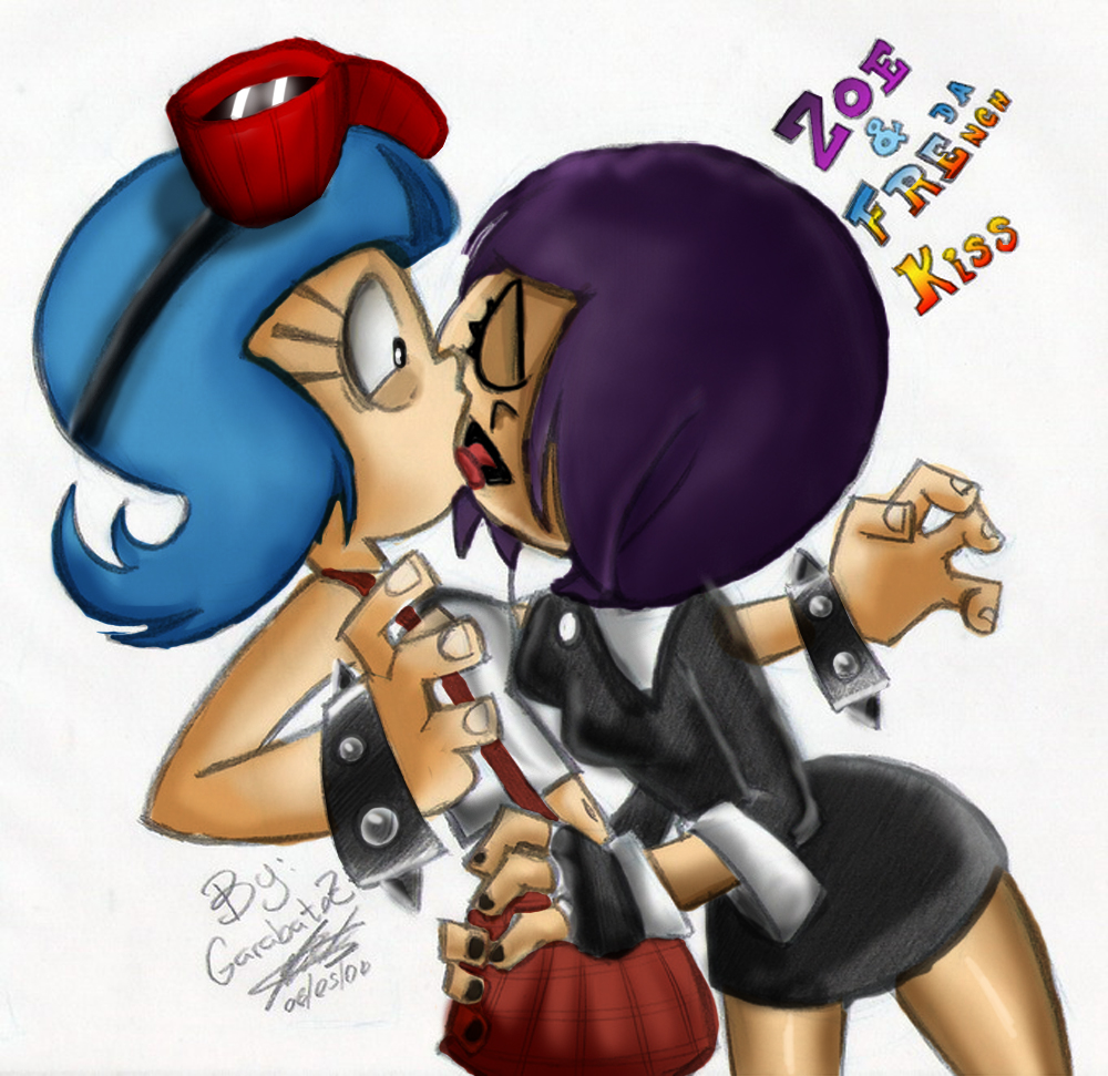 2000 2girls black_skirt blue_hair character_name closed_eyes clothing el_tigre female forced_yuri french_kiss frida_suarez garabatoz gloves goggles goggles_on_head goth gothic hair_over_one_eye horny_female kiss latina lesbian_kiss nickelodeon oddrich open_mouth purple_hair red_skirt short_hair skirt spiked_bracelet surprise_kiss surprise_yuri surprised suspenders tongue tongue_kissing unwanted_kiss villainess white_background yuri zoe_aves