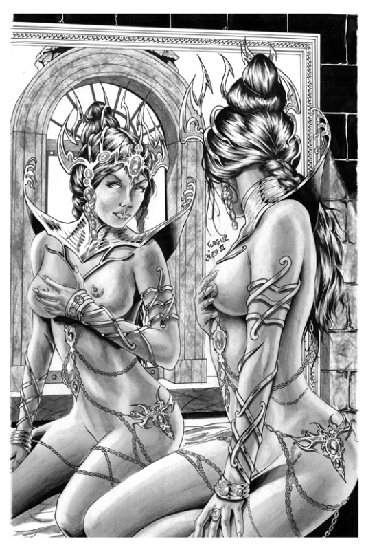 1girls a_princess_of_mars areolae barsoom breasts dejah_thoris female female_only greyscale mirror monochrome nipples tagme wagner_reis