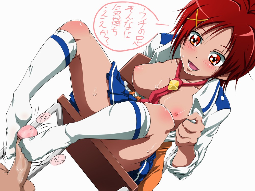 blush breasts clothing cum feet female foot_fetish footjob hino_akane male medium_breasts nipples penis precum pretty_cure red_eyes red_hair school_uniform short_hair skirt smile_precure socks sweat tendo_souji text translation_request undressing white_socks