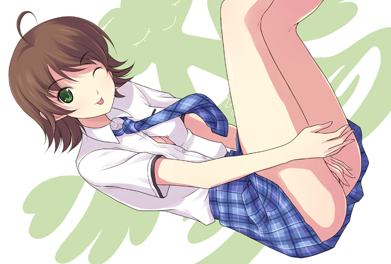 1girls :p alternate_hair_color awakened_miki breasts brown_hair cleavage female fingering green_eyes hoshii_miki hoshii_miki_(awakened) idolmaster masturbation necktie no_panties onion_(artist) plaid rough_time_school skirt solo tartan tongue unbuttoned wink