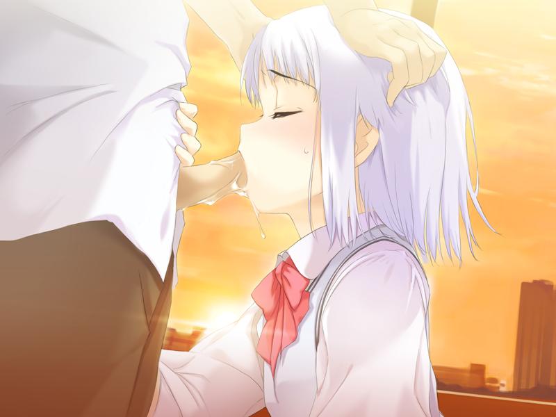 closed_eyes embarrassed fellatio game_cg hand_on_head oral public school_uniform shiraki_aeka short_hair uncensored white_hair yume_miru_kusuri