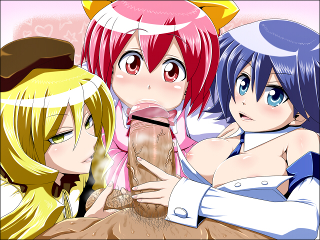 3girls artist_request blush censored collaborative_fellatio cosplay fellatio kuchinashi_(needless) mio_(needless) multiple_fellatio multiple_girls needless oral penis setsuna_(needless) smile sucking teamwork