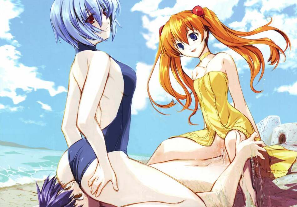 1boy 2girls ass asuka_langley_sohryu backless_outfit backless_swimsuit beach clothed_sex clothing cum cum_inside dress facesitting female girl_on_top group_sex halter_top halterneck human male multiple_girls neon_genesis_evangelion one-piece_swimsuit oral_sex penis pussy rei_ayanami reverse_spitroast sex shinji_ikari sitting sitting_on_person small_breasts smile straight straight_hair swimsuit threesome uncensored vaginal_penetration