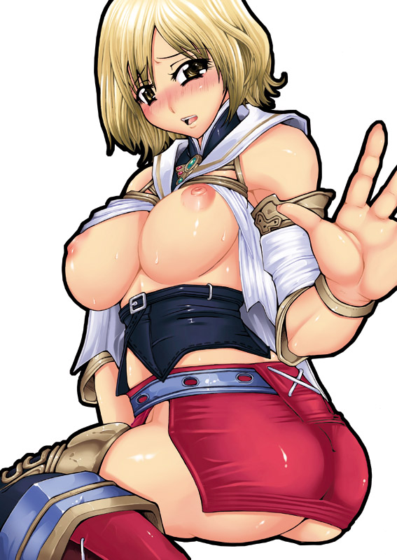 ashelia_b'nargin_dalmasca ass bare_shoulders big_breasts blonde_hair blush bracelet breasts detached_sleeves erect_nipples female female_only final_fantasy final_fantasy_xii flapper_shirt jewelry large_breasts miniskirt nipples red-rum short_hair skirt solo thighhighs yellow_eyes