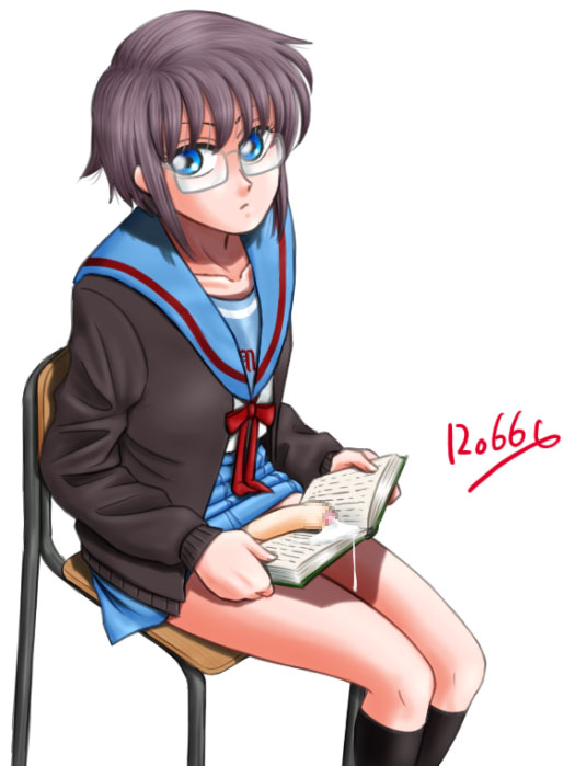 blue_eyes book chair cum cum_on_book futanari glasses intersex no_panties penis purple_hair school_uniform skirt_lift