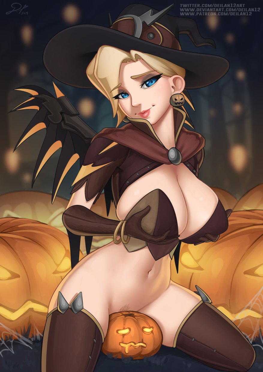1girls, alternate costume, areolae, artist name, big breasts, blizzard entertainment, blonde hair, blue eyes, bottomless, breasts, cape, clothing, deilan12, female, female only, hair, halloween, hat, human, kneeling, large breasts, long hair, looking at viewer, mercy, navel, nipples, overwatch, pubic hair, pumpkin, smile, solo, thighhighs, url, video games, witch hat, witch mercy