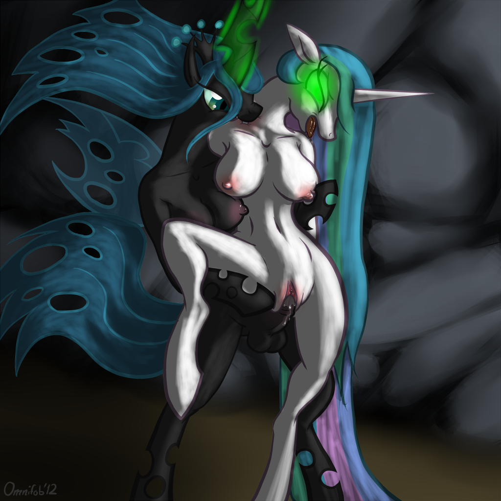 alicorn changeling equine female friendship_is_magic futa_on_female futanari mammal my_little_pony omnifob princess_celestia_(mlp) queen_chrysalis_(mlp) smooth_skin