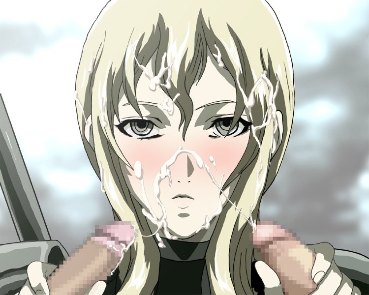 blush censored claymore cum cum_on_face ejaculation erect_penis erection female flora_(claymore) handjob penis penis_grab silver_eyes wavy_hair